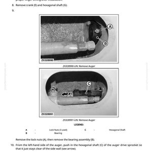 May include: Diagram of auger components with labels A, B, and C, and the text "ZX328990-UN: Remove Auger" and "ZX328991-UN: Remove Auger." Instructions include removing washers, bushing, and access hole cover. The legend identifies lock nuts, bearing, and hexagonal shaft.