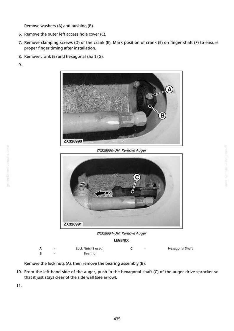 May include: Diagram of auger components with labels A, B, and C, and the text "ZX328990-UN: Remove Auger" and "ZX328991-UN: Remove Auger." Instructions include removing washers, bushing, and access hole cover. The legend identifies lock nuts, bearing, and hexagonal shaft.