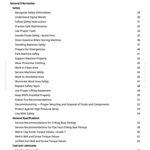 May include: A white page with a black-printed table of contents. The table lists safety, general information, fuel, and lubricant topics. Page numbers are on the right. The text includes "Safety Instructions" and "Gasoline Engine Oil".