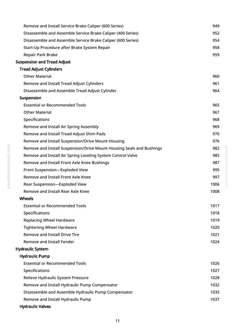 May include: A page from a manual with a list of automotive repair procedures, including brake, suspension, and hydraulic system maintenance. The text is in black font on a white background, with page numbers on the right.