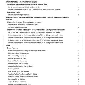 May include: A white page titled "Table of Contents" from a manual. The text includes sections on serial numbers, engines, software updates, and safety measures. Page numbers are listed on the right.