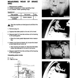 Puede incluir: Un diagrama t&eacute;cnico en blanco y negro con texto que detalla la medici&oacute;n del desgaste del disco de freno. El diagrama incluye instrucciones, ilustraciones y una tabla que enumera una herramienta especial, calibradores.