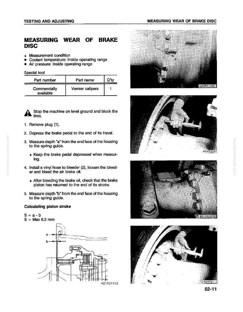 Puede incluir: Un diagrama t&eacute;cnico en blanco y negro con texto que detalla la medici&oacute;n del desgaste del disco de freno. El diagrama incluye instrucciones, ilustraciones y una tabla que enumera una herramienta especial, calibradores.