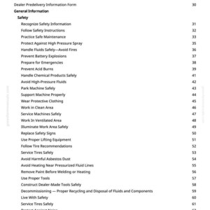 May include: A printed document titled "Table of Contents" with a list of safety-related topics. The document includes sections on safety instructions, maintenance, and handling fluids. The page numbers are listed on the right side.