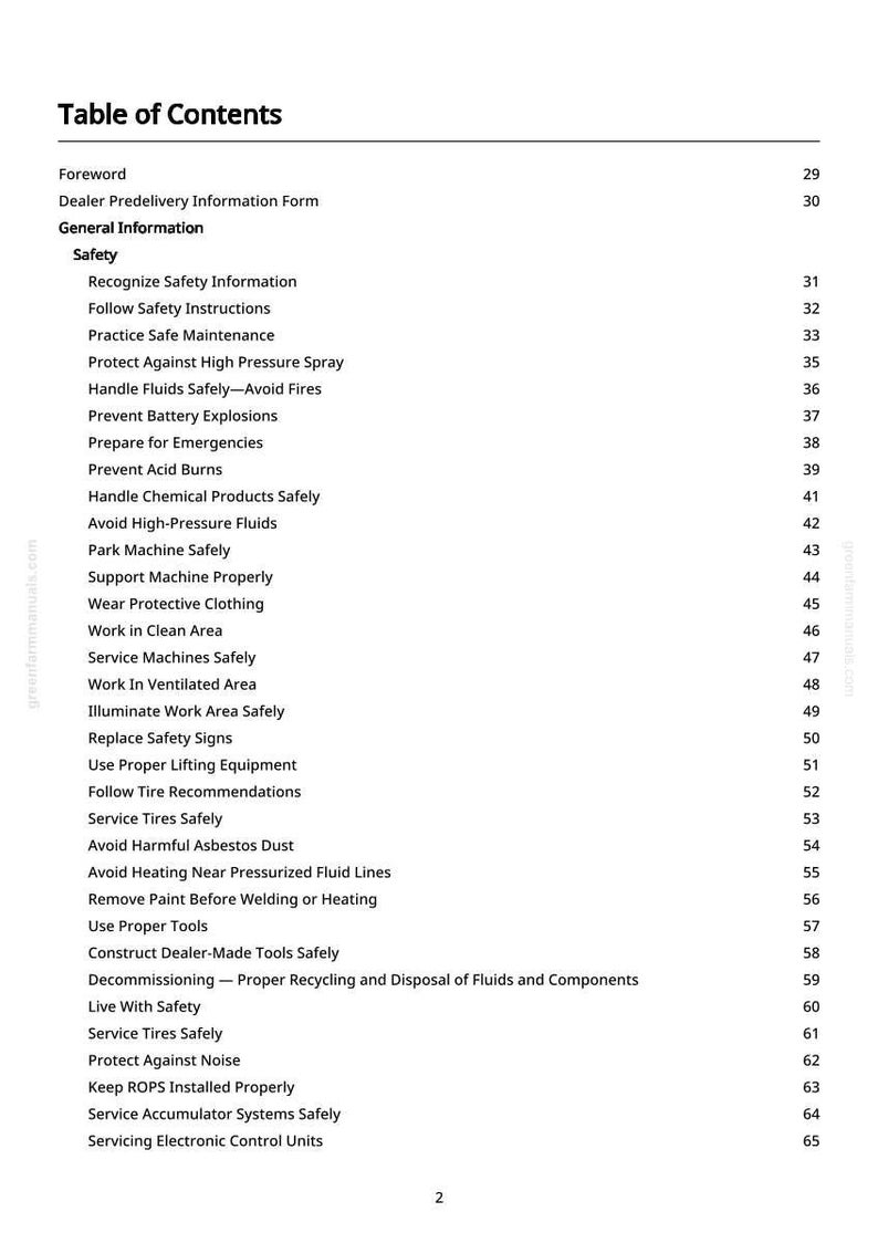 May include: A printed document titled "Table of Contents" with a list of safety-related topics. The document includes sections on safety instructions, maintenance, and handling fluids. The page numbers are listed on the right side.
