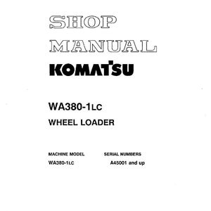 Peut inclure: Un manuel d'atelier blanc pour une chargeuse sur pneus Komatsu WA380-1LC. La couverture pr&eacute;sente le texte "SHOP MANUAL" au-dessus du logo Komatsu et les informations sur le mod&egrave;le. Les num&eacute;ros de s&eacute;rie sont A45001 et plus. Imprim&eacute; aux &Eacute;tats-Unis.