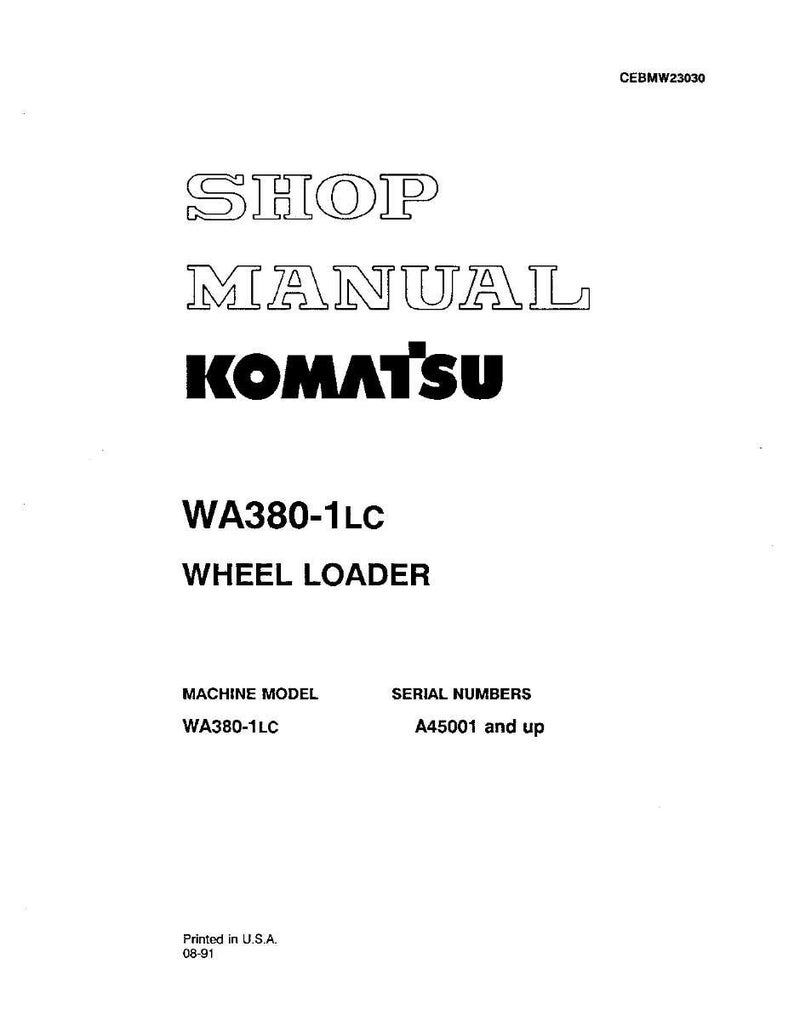Peut inclure: Un manuel d'atelier blanc pour une chargeuse sur pneus Komatsu WA380-1LC. La couverture pr&eacute;sente le texte "SHOP MANUAL" au-dessus du logo Komatsu et les informations sur le mod&egrave;le. Les num&eacute;ros de s&eacute;rie sont A45001 et plus. Imprim&eacute; aux &Eacute;tats-Unis.