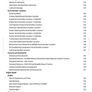 Pode incluir: Uma tabela de conte&uacute;do detalhada de um manual, listando t&oacute;picos como reparo do motor, sistemas de refrigera&ccedil;&atilde;o e localiza&ccedil;&otilde;es de n&uacute;meros de s&eacute;rie. Texto preto sobre fundo branco.
