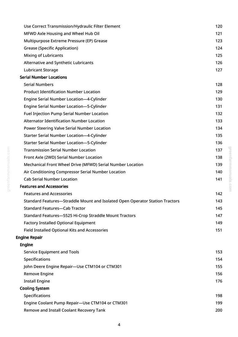Pode incluir: Uma tabela de conte&uacute;do detalhada de um manual, listando t&oacute;picos como reparo do motor, sistemas de refrigera&ccedil;&atilde;o e localiza&ccedil;&otilde;es de n&uacute;meros de s&eacute;rie. Texto preto sobre fundo branco.