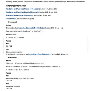 K&ouml;nnte beinhalten: Ein Diagnosedokument, das den Fehler des Lenkradpositionssensors 1 Signal SSU 001807.18 detailliert. Der Text enth&auml;lt Referenzinformationen, Verfahren und Ergebnisse zur Fehlerbehebung. Das Dokument stammt von greenfarmmanuals.com.