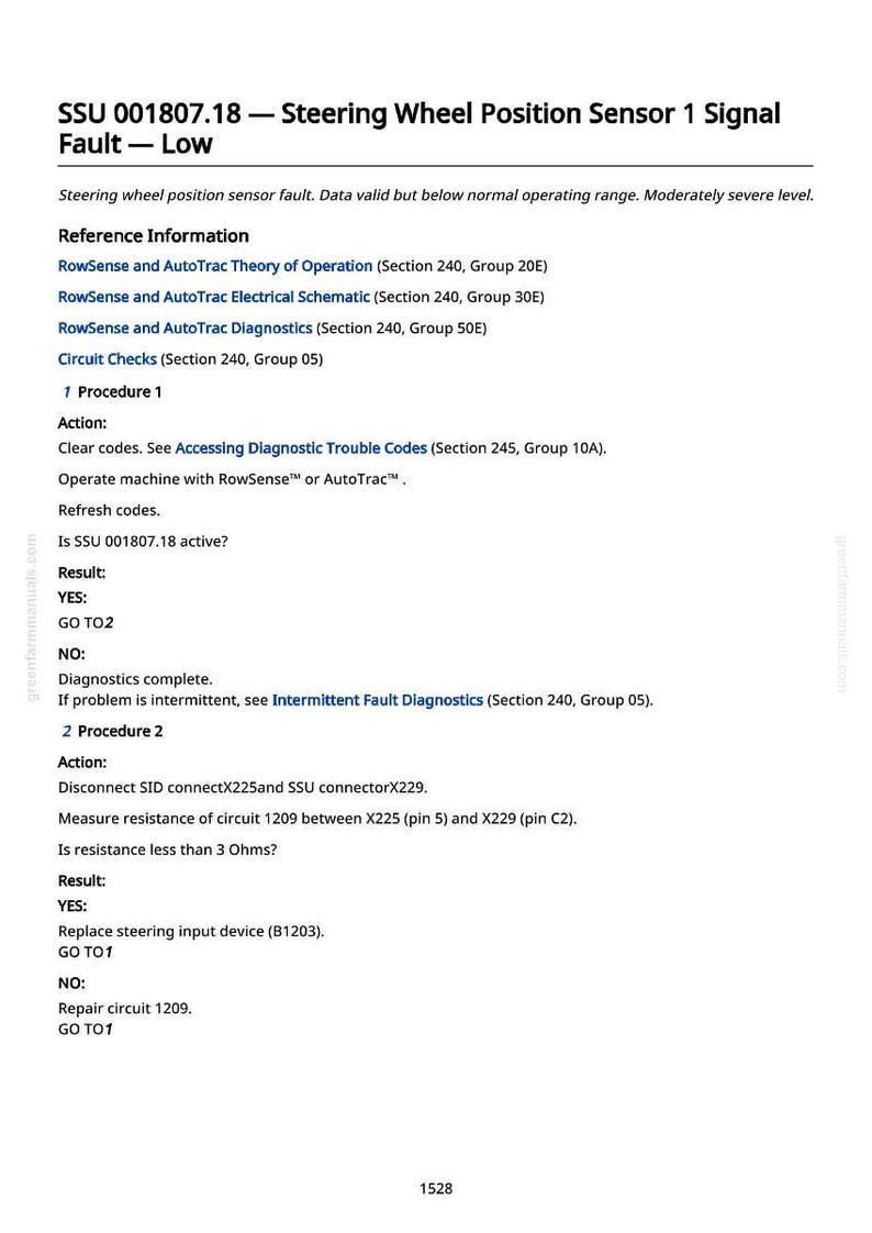 K&ouml;nnte beinhalten: Ein Diagnosedokument, das den Fehler des Lenkradpositionssensors 1 Signal SSU 001807.18 detailliert. Der Text enth&auml;lt Referenzinformationen, Verfahren und Ergebnisse zur Fehlerbehebung. Das Dokument stammt von greenfarmmanuals.com.