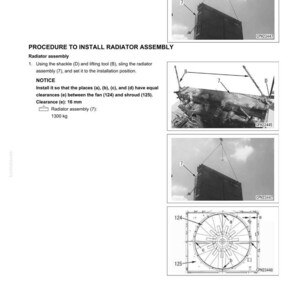 May include: Diagrams and instructions for radiator assembly and disassembly. Includes images of the radiator being lifted and installed, along with detailed diagrams of the fan and shroud. Text includes measurements in millimeters and kilograms.