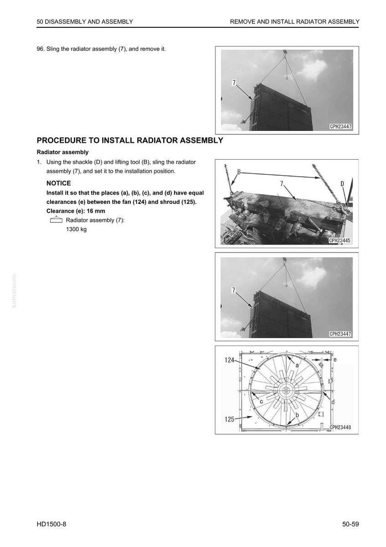 May include: Diagrams and instructions for radiator assembly and disassembly. Includes images of the radiator being lifted and installed, along with detailed diagrams of the fan and shroud. Text includes measurements in millimeters and kilograms.