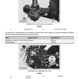May include: Diagram illustrating the installation of a feed drum transmission. The image includes detailed views of attaching screws and hex shafts, with torque specifications in lb-ft and N'm. Text instructions and part labels are also included for clarity.