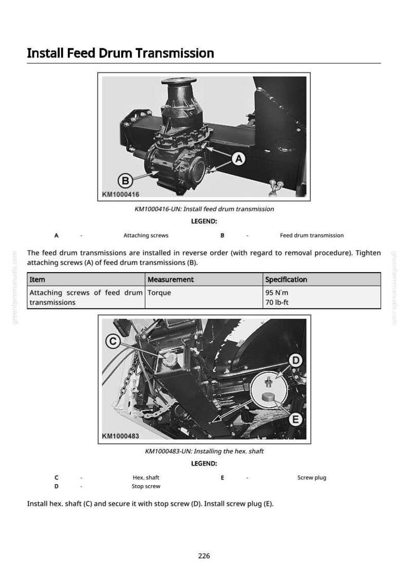 May include: Diagram illustrating the installation of a feed drum transmission. The image includes detailed views of attaching screws and hex shafts, with torque specifications in lb-ft and N'm. Text instructions and part labels are also included for clarity.