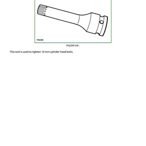 K&ouml;nnte beinhalten: Zeichnung eines Kopfbolzen-Steckschl&uuml;ssels, beschriftet mit "JDG68420015F - Head Bolt Socket". Das Werkzeug dient zum Anziehen von 14 mm Zylinderkopfschrauben. Das Werkzeug ist hell und hat eine zylindrische Form.