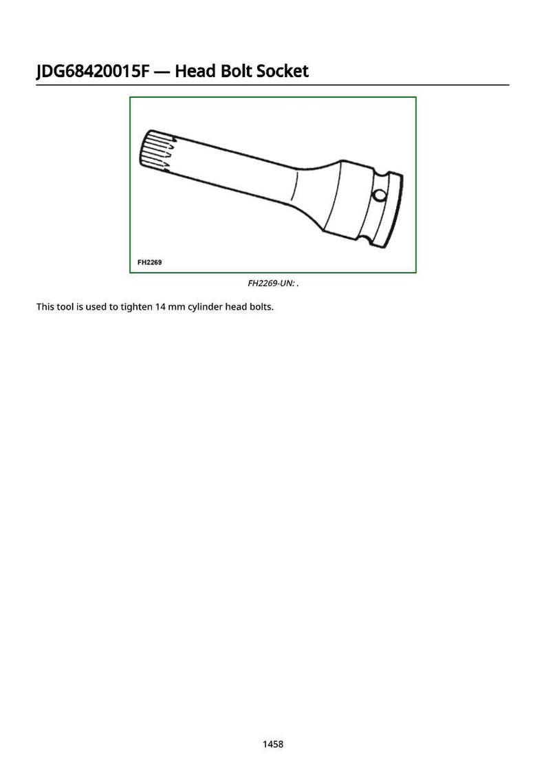 K&ouml;nnte beinhalten: Zeichnung eines Kopfbolzen-Steckschl&uuml;ssels, beschriftet mit "JDG68420015F - Head Bolt Socket". Das Werkzeug dient zum Anziehen von 14 mm Zylinderkopfschrauben. Das Werkzeug ist hell und hat eine zylindrische Form.
