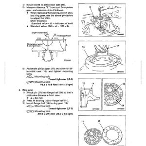 K&ouml;nnte beinhalten: Eine detaillierte technische Zeichnung aus einem Handbuch, die die Demontage und Montage eines Differenzials zeigt. Das Bild enth&auml;lt Diagramme verschiedener Komponenten, Messungen in Nm und mm sowie Anweisungen zur Installation und Einstellung. Der Text enth&auml;lt Begriffe wie "Ritzel" und "Tellerrad".