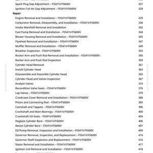 May include: A page from a manual with a list of engine repair procedures, including tests, removal, and installation instructions. The text is in black font on a white background, with page numbers on the right.