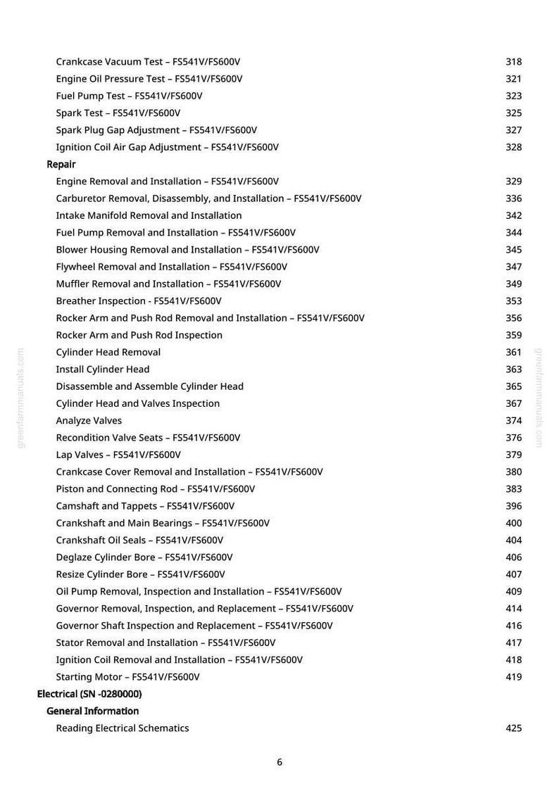 May include: A page from a manual with a list of engine repair procedures, including tests, removal, and installation instructions. The text is in black font on a white background, with page numbers on the right.
