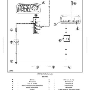 Puede incluir: Diagrama de un sistema de tac&oacute;metro, con etiquetas y una leyenda. El diagrama incluye una bater&iacute;a, un interruptor principal, un fusible y un sensor de velocidad del motor. El texto "Instrument Panel System Operation - Tachometer" est&aacute; en la parte superior.