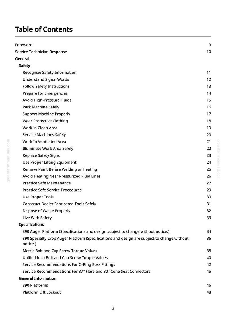 Peut inclure: Une page blanche d'un manuel intitul&eacute;e "Table des mati&egrave;res". Le texte &eacute;num&egrave;re les consignes de s&eacute;curit&eacute;, les sp&eacute;cifications des plateformes et des informations g&eacute;n&eacute;rales. Le num&eacute;ro de page est 2.