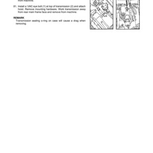 Puede incluir: Una p&aacute;gina de un manual t&eacute;cnico que detalla la extracci&oacute;n de una transmisi&oacute;n. El texto incluye instrucciones sobre la desconexi&oacute;n de mangueras, la extracci&oacute;n de soportes y la instalaci&oacute;n de un perno de ojo. Tambi&eacute;n se incluyen diagramas de los componentes de la transmisi&oacute;n.
