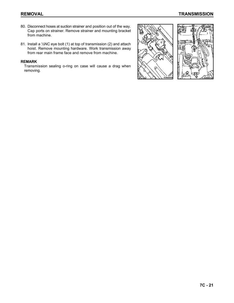 Puede incluir: Una p&aacute;gina de un manual t&eacute;cnico que detalla la extracci&oacute;n de una transmisi&oacute;n. El texto incluye instrucciones sobre la desconexi&oacute;n de mangueras, la extracci&oacute;n de soportes y la instalaci&oacute;n de un perno de ojo. Tambi&eacute;n se incluyen diagramas de los componentes de la transmisi&oacute;n.