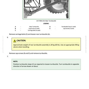 May include: Diagram of a rear turnbuckle assembly with labels A, B, C, D, and E. The text reads "N117004-UN: Rear Turnbuckle" and includes a caution about the 60 lb. weight of the assembly. Instructions are provided.