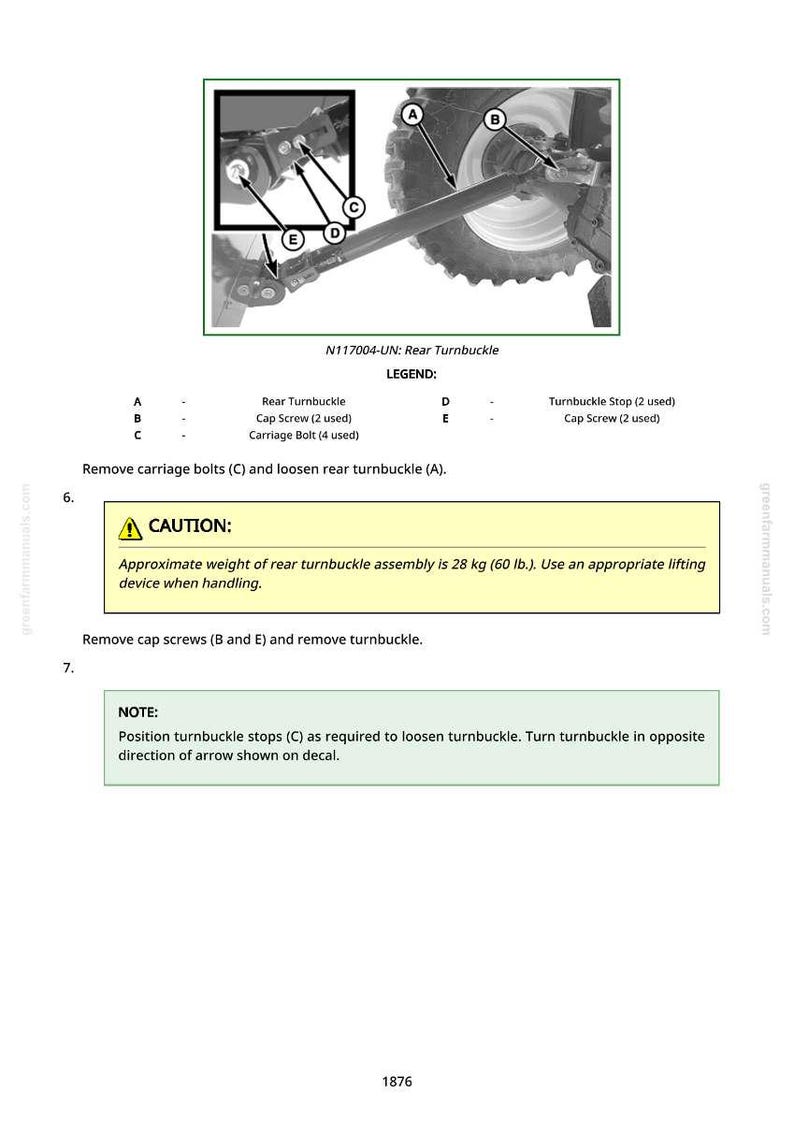 May include: Diagram of a rear turnbuckle assembly with labels A, B, C, D, and E. The text reads "N117004-UN: Rear Turnbuckle" and includes a caution about the 60 lb. weight of the assembly. Instructions are provided.