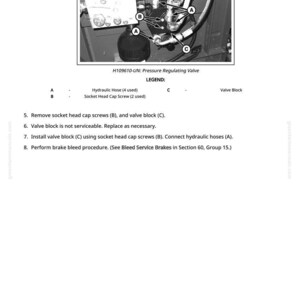 K&ouml;nnte beinhalten: Diagramm eines Druckregelventils mit Hydraulikschl&auml;uchen und Innensechskantschrauben. Das Bild enth&auml;lt die Bezeichnungen A, B und C sowie eine Legende, die die Komponenten erkl&auml;rt. Textanweisungen beschreiben die Demontage und den Einbau von Teilen.
