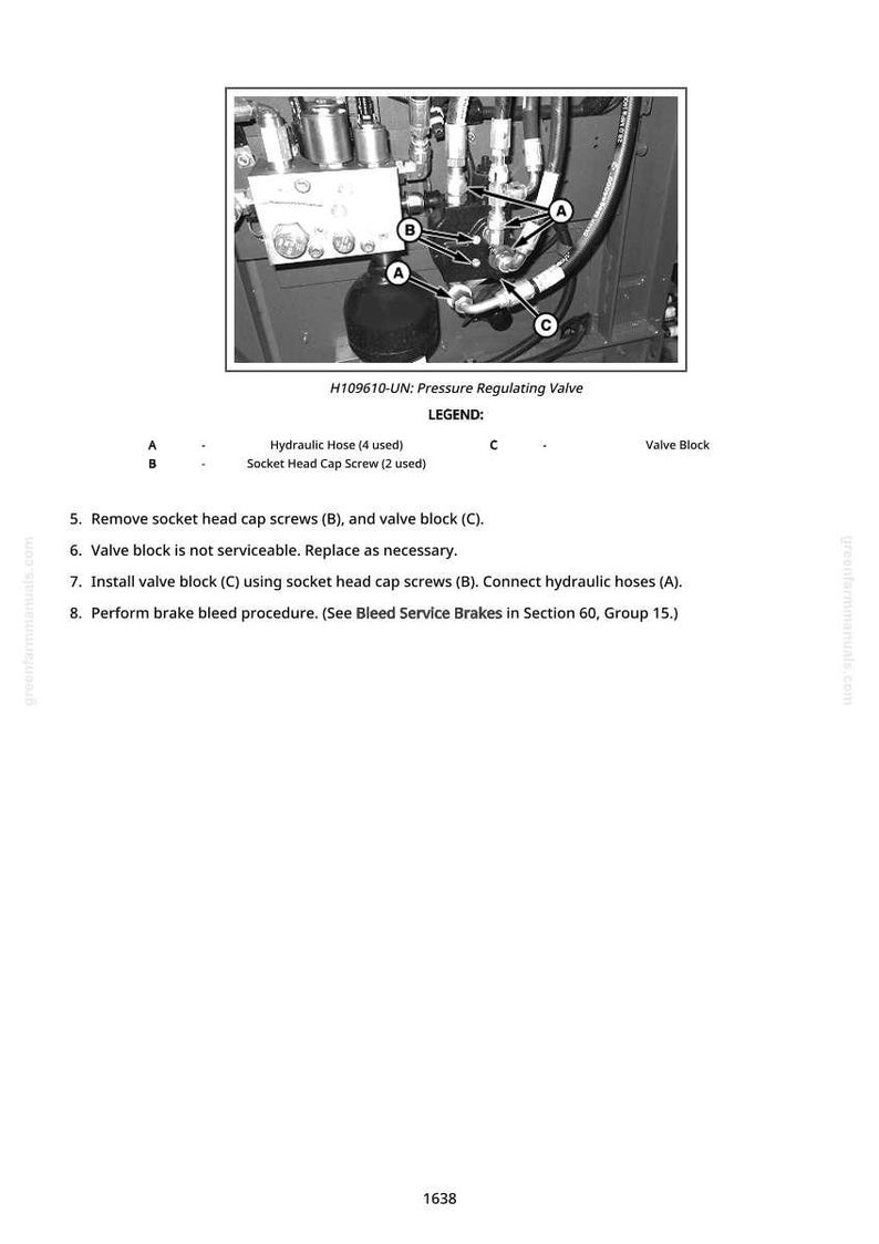 K&ouml;nnte beinhalten: Diagramm eines Druckregelventils mit Hydraulikschl&auml;uchen und Innensechskantschrauben. Das Bild enth&auml;lt die Bezeichnungen A, B und C sowie eine Legende, die die Komponenten erkl&auml;rt. Textanweisungen beschreiben die Demontage und den Einbau von Teilen.