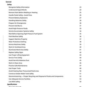 May include: A black and white page titled "Table of Contents" from a manual. The table lists safety topics such as "Handling Batteries Safely" and "Avoid High-Pressure Fluids". Page numbers are on the right.