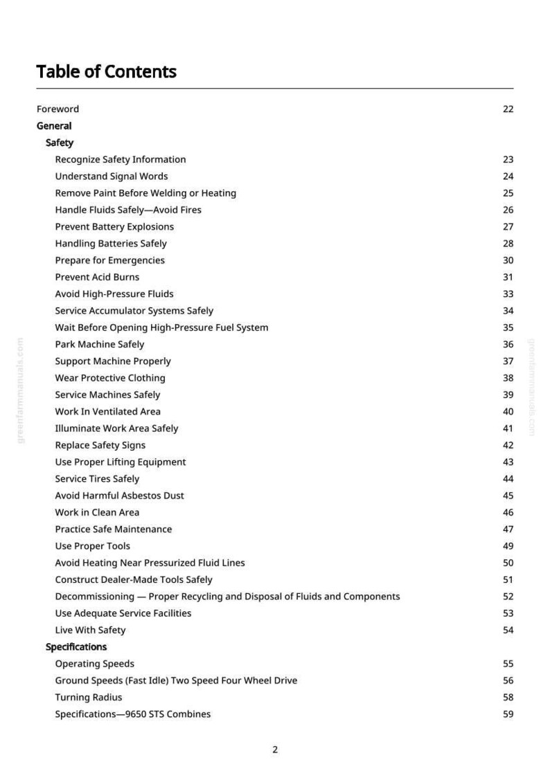 May include: A black and white page titled "Table of Contents" from a manual. The table lists safety topics such as "Handling Batteries Safely" and "Avoid High-Pressure Fluids". Page numbers are on the right.