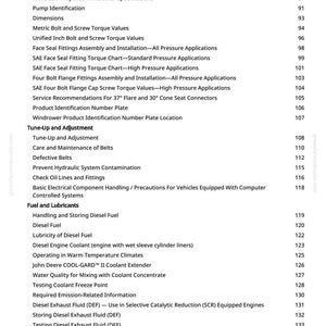 May include: A white printed page from a manual with a table of contents. The document covers topics like fuel, lubricants, and engine maintenance, with page numbers listed on the right.