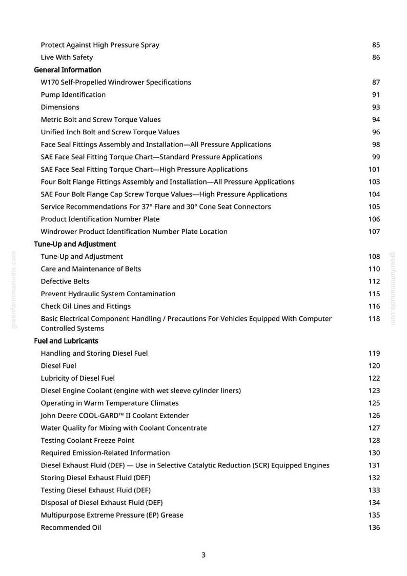 May include: A white printed page from a manual with a table of contents. The document covers topics like fuel, lubricants, and engine maintenance, with page numbers listed on the right.