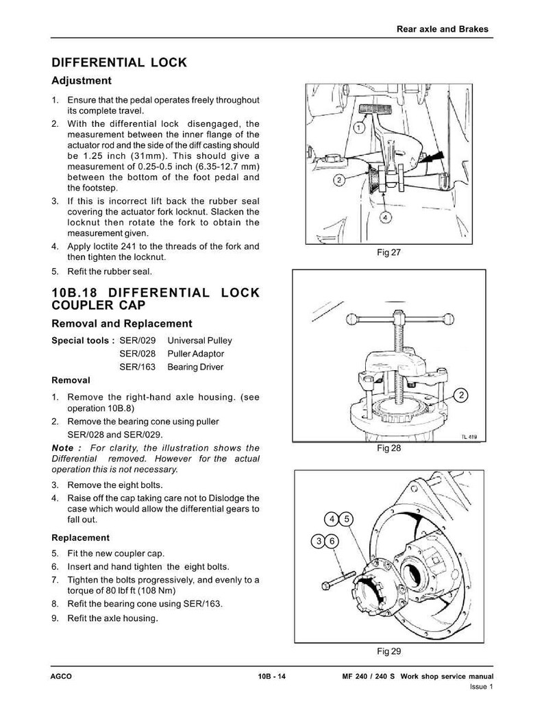 May include: Diagrams and instructions for differential lock adjustment and coupler cap removal and replacement. Includes measurements in inches and millimeters, along with diagrams of the components and tools.