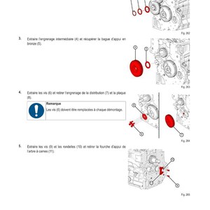 K&ouml;nnte beinhalten: Diagramm zur Demontage von Motorkomponenten. Das Bild zeigt beschriftete Teile wie Sicherungsringe, Zahnr&auml;der und Platten, mit Pfeilen zur Positionsangabe. Franz&ouml;sischer Text liefert Anweisungen f&uuml;r den Vorgang.