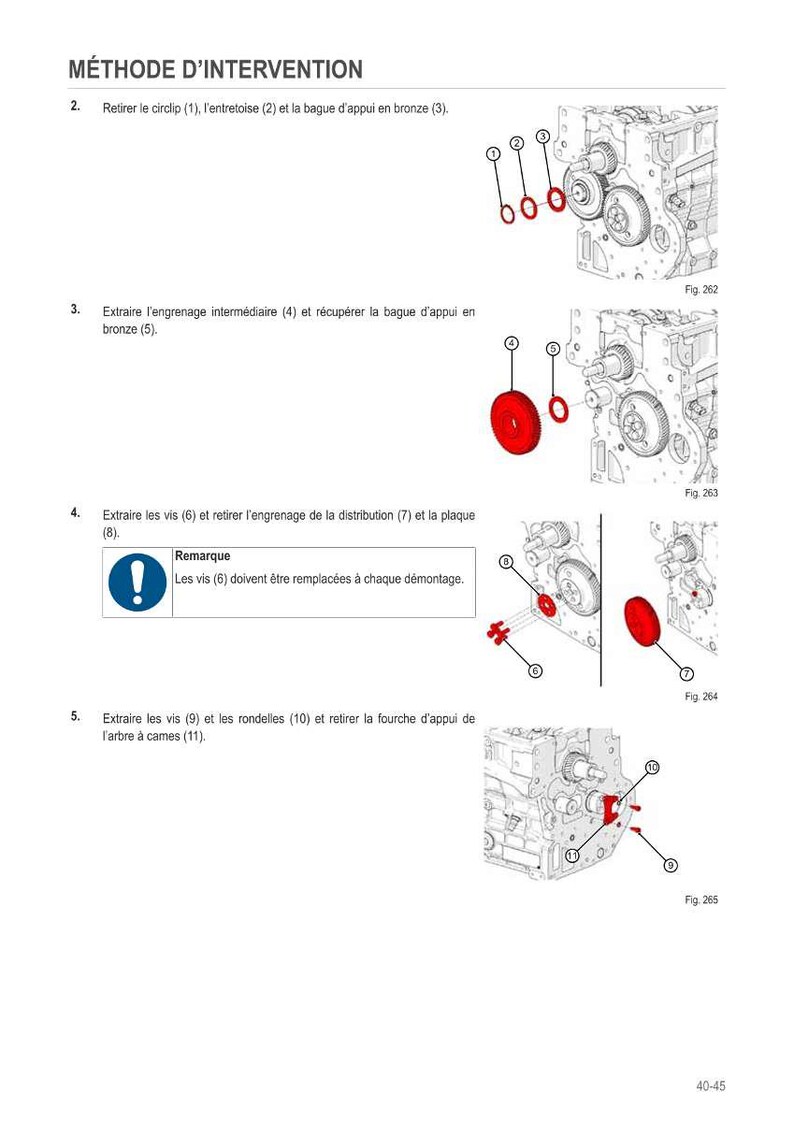 K&ouml;nnte beinhalten: Diagramm zur Demontage von Motorkomponenten. Das Bild zeigt beschriftete Teile wie Sicherungsringe, Zahnr&auml;der und Platten, mit Pfeilen zur Positionsangabe. Franz&ouml;sischer Text liefert Anweisungen f&uuml;r den Vorgang.