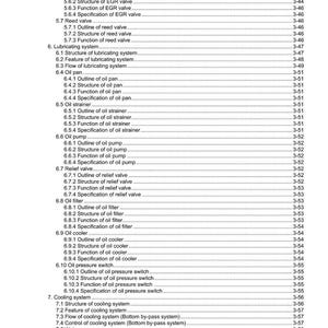 Puede incluir: Tabla de contenidos de un manual t&eacute;cnico, que enumera componentes y sistemas del motor. Texto negro sobre fondo blanco, con n&uacute;meros de p&aacute;gina a la derecha. Incluye v&aacute;lvula EGR y bomba de aceite.