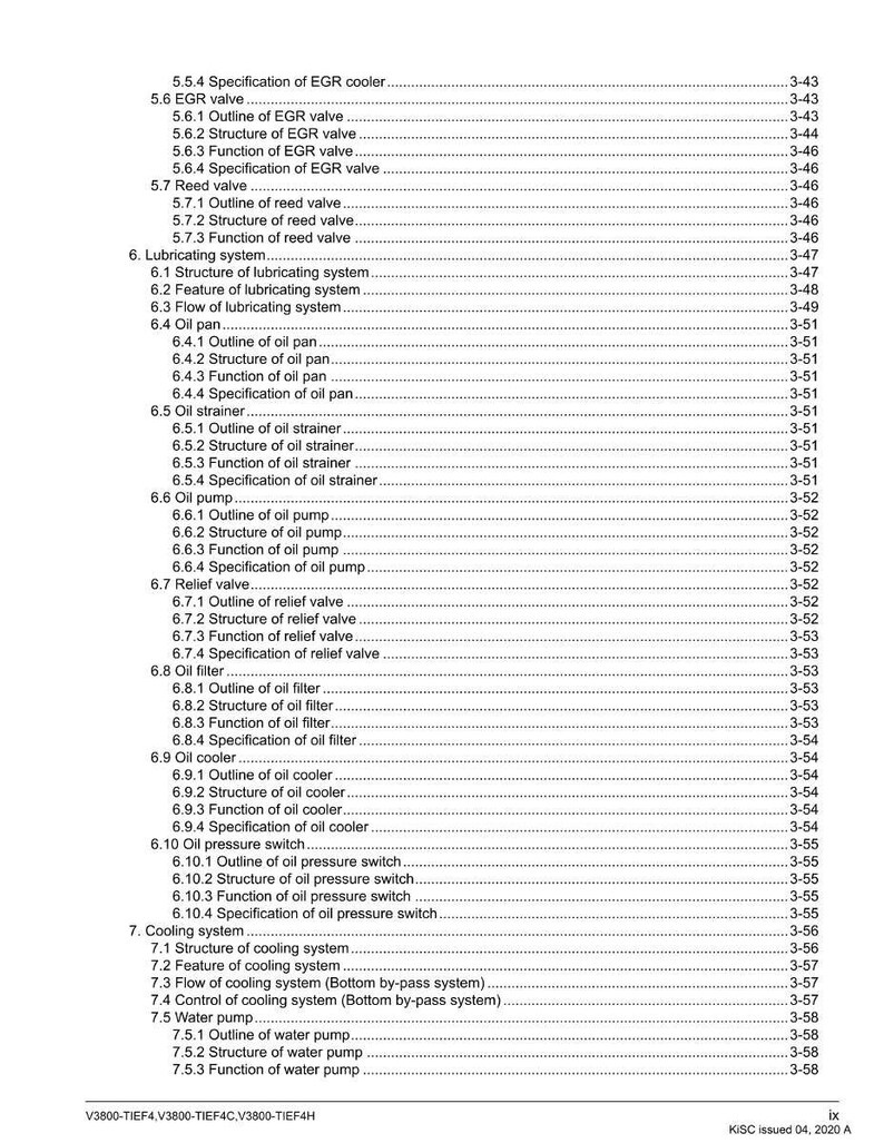 Puede incluir: Tabla de contenidos de un manual t&eacute;cnico, que enumera componentes y sistemas del motor. Texto negro sobre fondo blanco, con n&uacute;meros de p&aacute;gina a la derecha. Incluye v&aacute;lvula EGR y bomba de aceite.