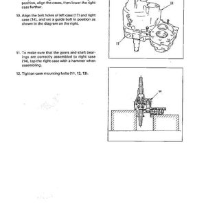 K&ouml;nnte beinhalten: Diagramm mechanischer Komponenten mit den Nummern 14 und 17, das Demontage- und Montageanweisungen veranschaulicht. Der Text enth&auml;lt Schritte zum Ausrichten von Teilen und Anziehen von Schrauben. Die Seite stammt aus einem Handbuch.