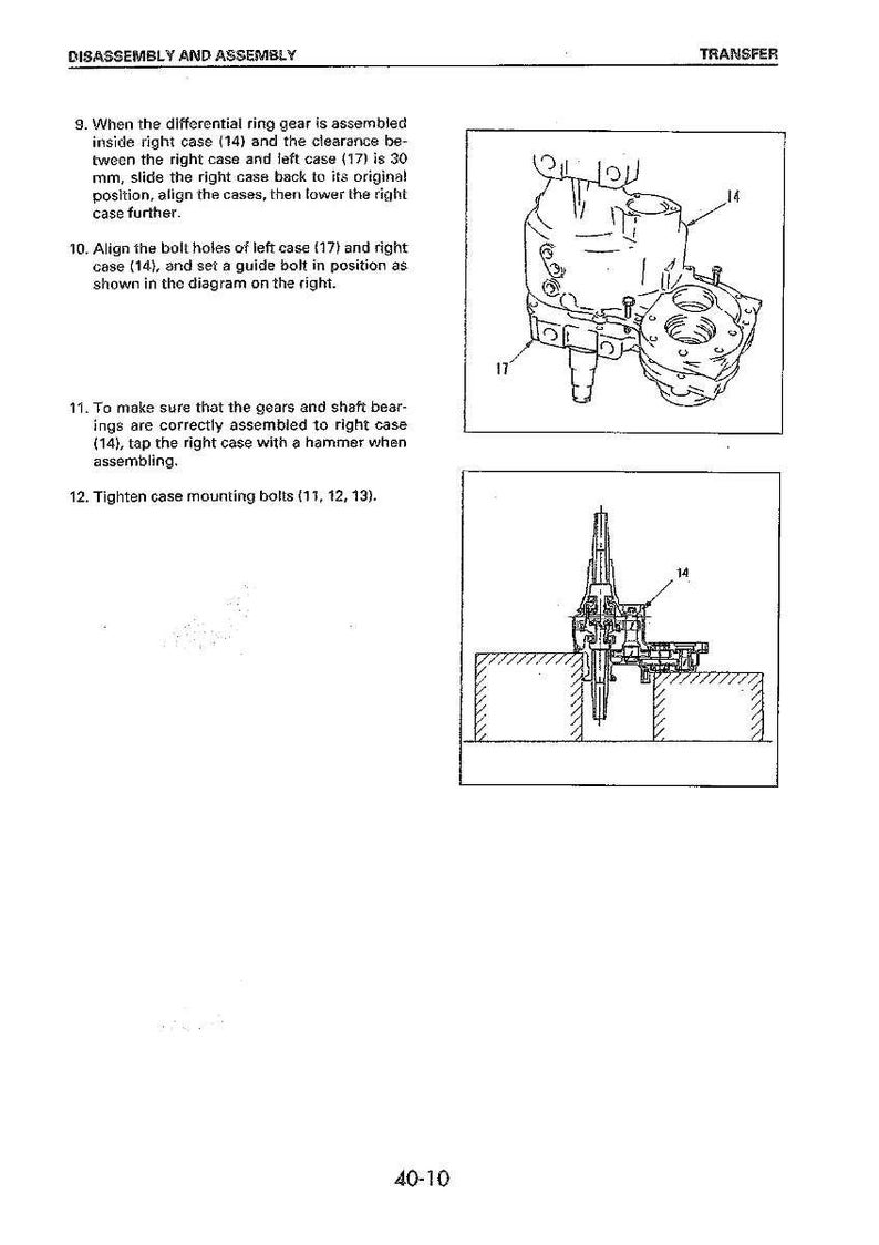K&ouml;nnte beinhalten: Diagramm mechanischer Komponenten mit den Nummern 14 und 17, das Demontage- und Montageanweisungen veranschaulicht. Der Text enth&auml;lt Schritte zum Ausrichten von Teilen und Anziehen von Schrauben. Die Seite stammt aus einem Handbuch.