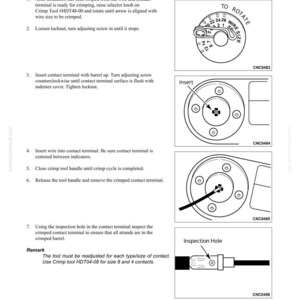 May include: Diagram of crimping contact terminal procedures. Includes illustrations of a wire size selector, terminal insertion, and inspection hole. Text details the disassembly and assembly steps for the HD30 type terminal.