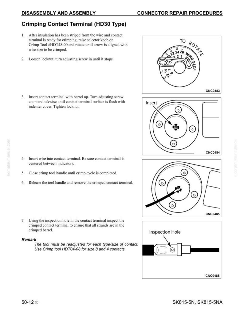 May include: Diagram of crimping contact terminal procedures. Includes illustrations of a wire size selector, terminal insertion, and inspection hole. Text details the disassembly and assembly steps for the HD30 type terminal.