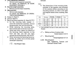 May include: A detailed technical diagram with instructions for removing and installing a revolving frame assembly. Includes a parts list with bolt sizes, washer diameters, and quantities. The diagram also provides instructions for removing the cab assembly.