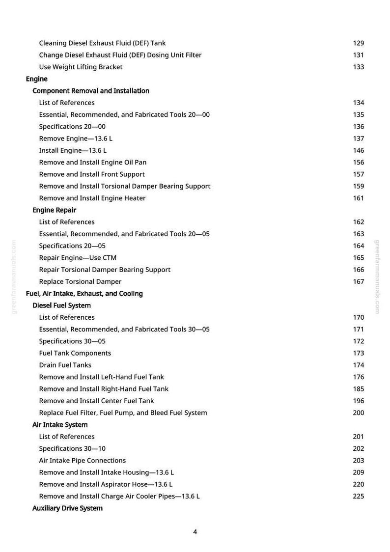 Może przedstawiać: Strona z instrukcji greenfarmmanuals.com, szczeg&oacute;łowo opisująca naprawę silnika, układy paliwowe i procedury wlotu powietrza. Tekst zawiera demontaż komponent&oacute;w, instalację i specyfikacje, z numerami stron.