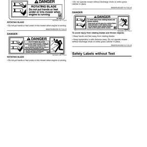 May include: A page of safety labels with text, featuring the word "DANGER" and warnings about rotating blades and thrown objects. The labels include illustrations and instructions to prevent injury while operating machinery.
