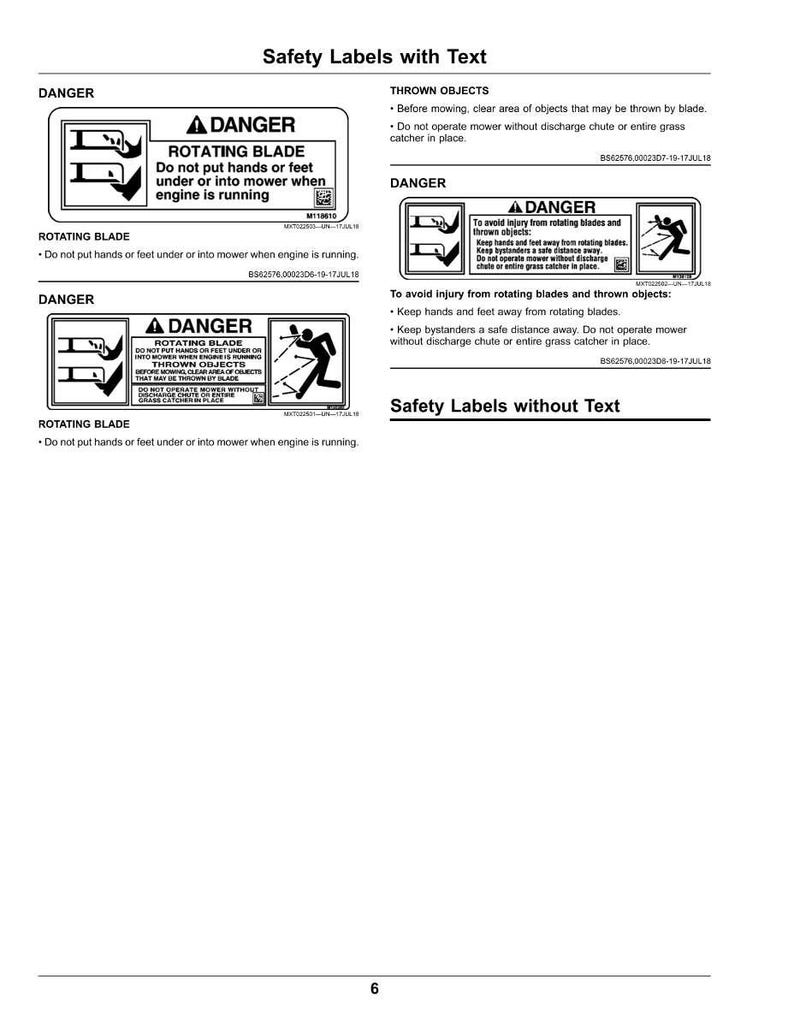 May include: A page of safety labels with text, featuring the word "DANGER" and warnings about rotating blades and thrown objects. The labels include illustrations and instructions to prevent injury while operating machinery.