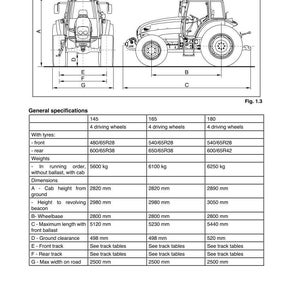 May include: Technical diagram of a tractor, detailing specifications. Includes measurements like wheelbase (2800 mm), maximum length (5120 mm), and ground clearance (498 mm). Also shows tyre sizes and weights in kilograms.